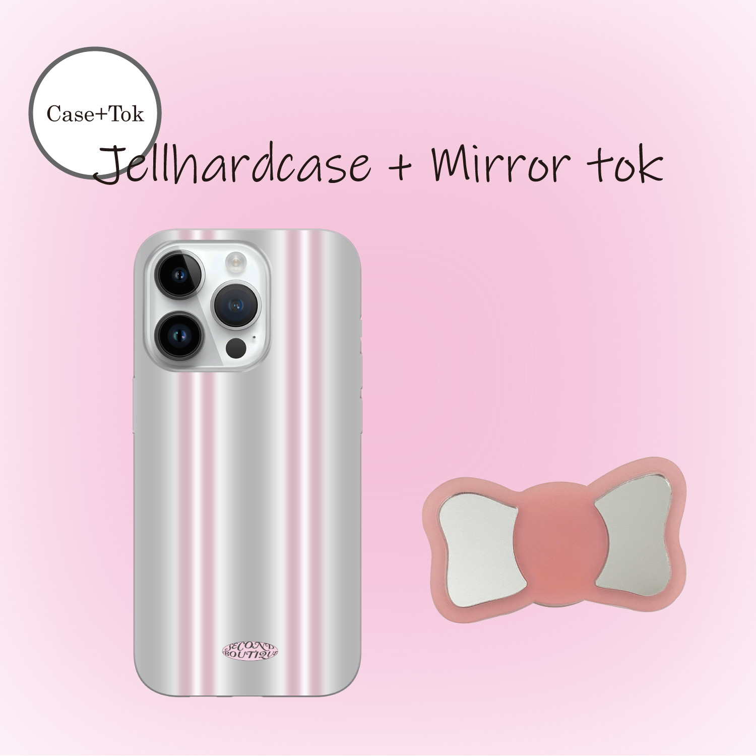 [MD PICK 1+1 set] Cottoncandy pinkgrey jellhard case  + Big pink Ribbon mirror tok